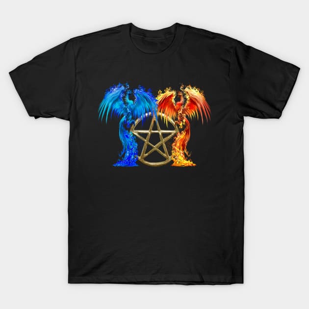 Fantasy Fire And Ice Phoenix Gold Pentagram T-Shirt by Atteestude